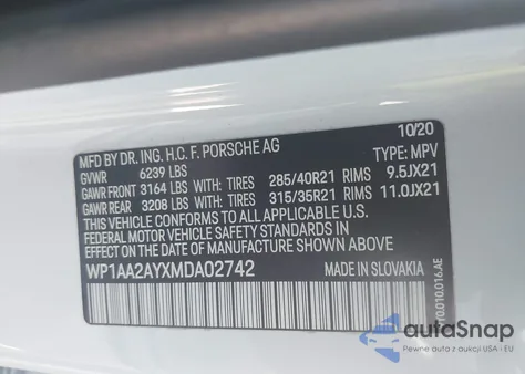 2021 Porsche Cayenne из США, поврежденный, VIN WP1AA2AYXMDA02742